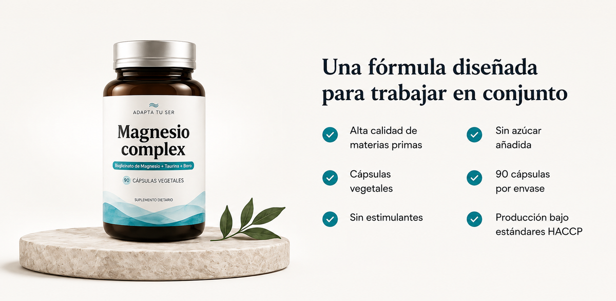 Ingredientes de Magnesio Complex de Adapta Tu Ser: bisglicinato y treonato de magnesio, taurina y boro, Bolivia