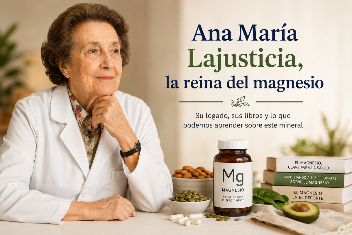Ana María Lajusticia, divulgadora del magnesio, junto a libros y elementos relacionados con este mineral