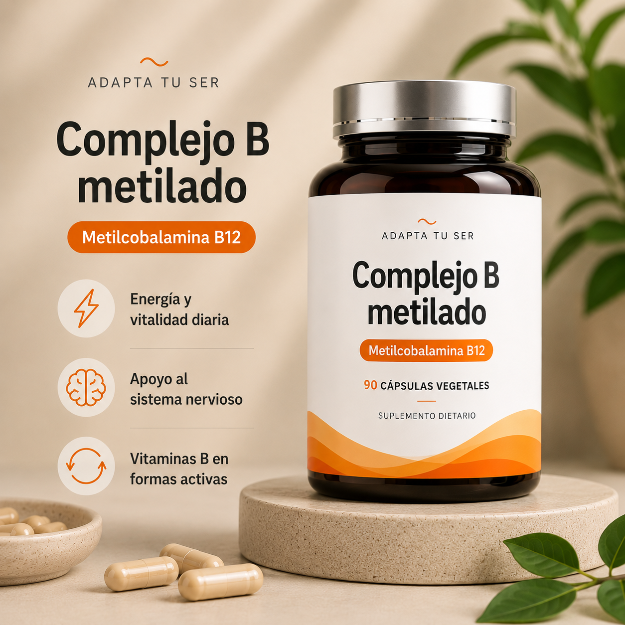 Complejo B Metilado Adapta Tu Ser con vitaminas B activas y metilcobalamina B12 en 90 cápsulas vegetales
