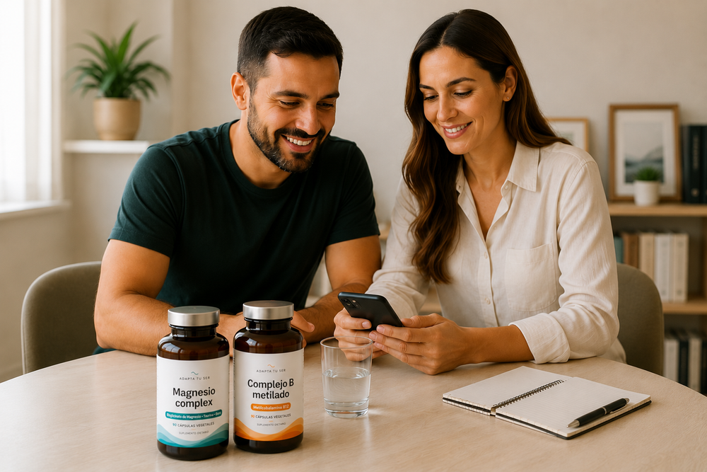 Pareja consultando suplementos para el sistema nervioso de Adapta Tu Ser en Bolivia, con Magnesio Complex y Complejo B Metilado.