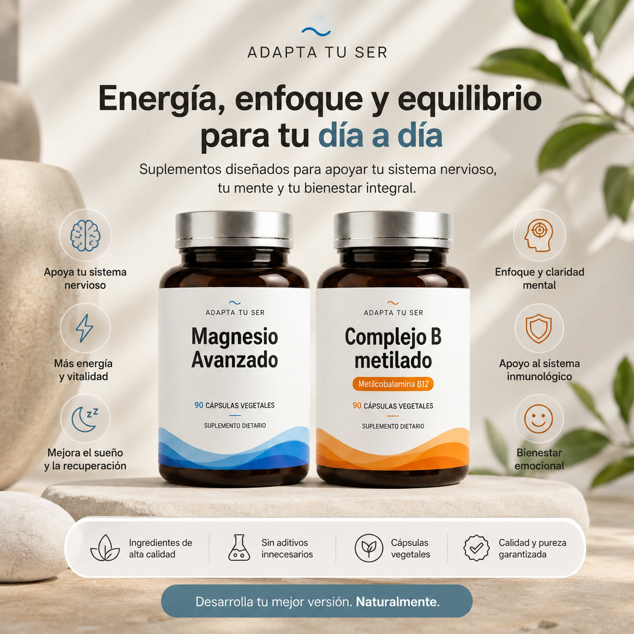 Ayuda a tu cuerpo a afrontar el estrés diario con una combinación avanzada de magnesio y vitaminas B metiladas. Más energía, claridad mental y bienestar para tu día a día.
