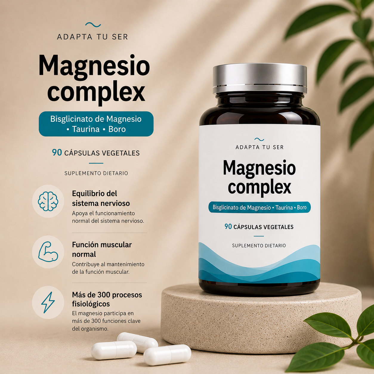 Magnesio Complex Adapta Tu Ser con bisglicinato de magnesio, taurina y boro en 90 cápsulas vegetales para apoyo del sistema nervioso