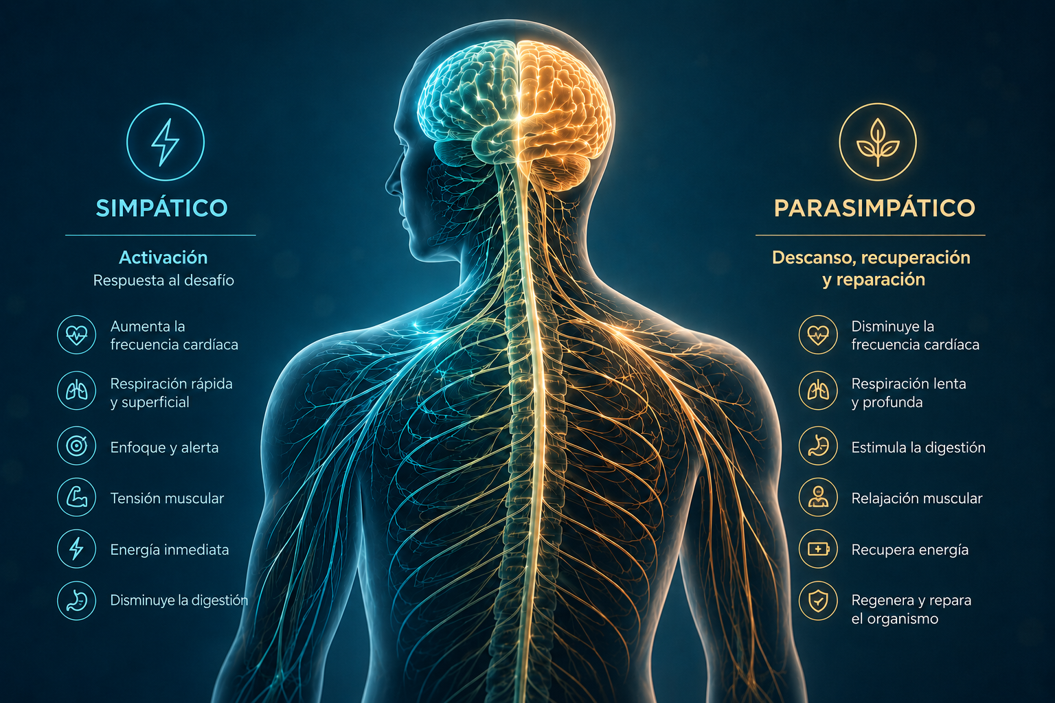 Ilustración del sistema nervioso autónomo mostrando el sistema simpático y parasimpático y su papel en la activación, recuperación y regulación del organismo.
